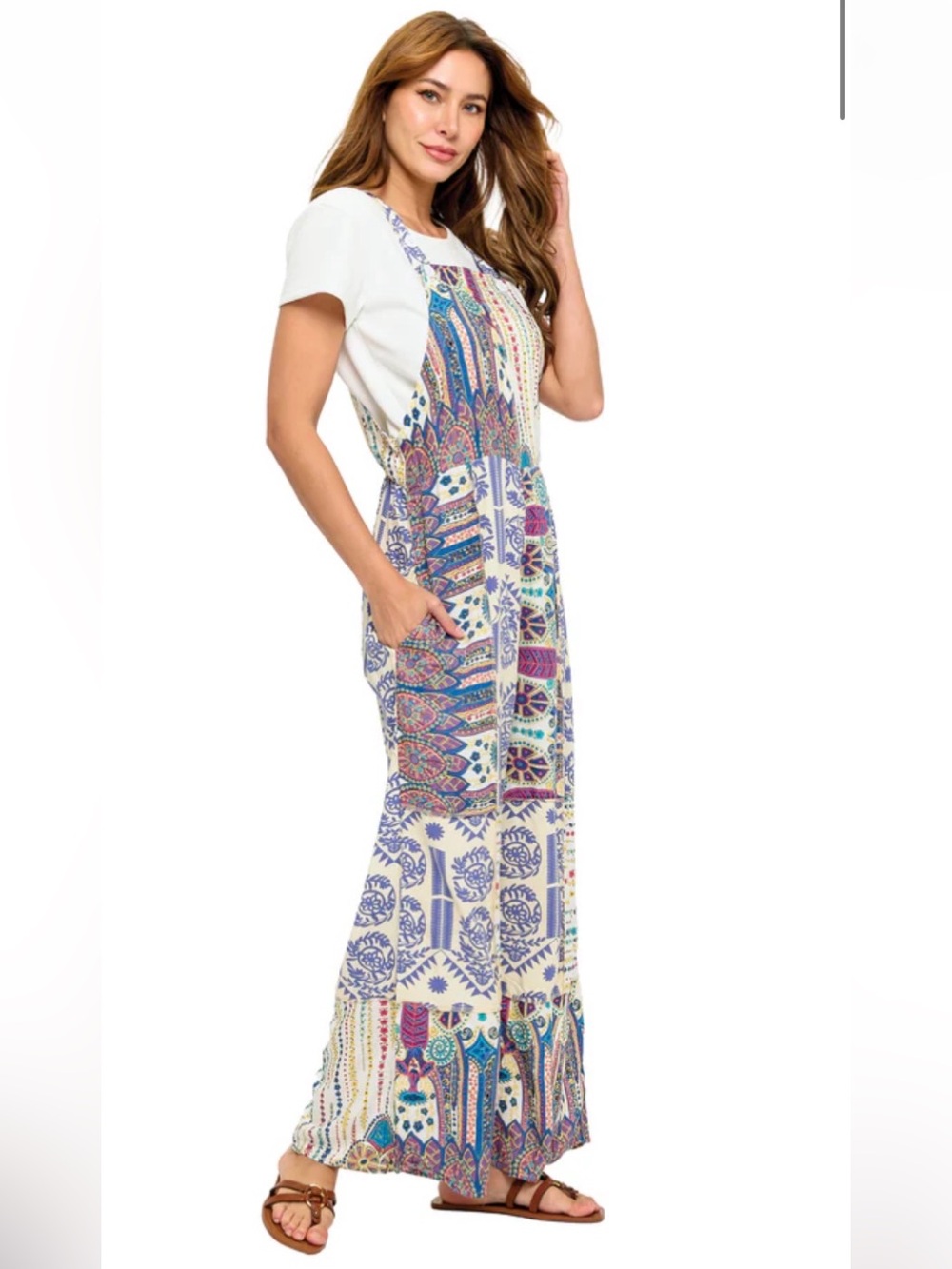 A Girl Thing White Multi Boho Patchwork Wide-Leg Jumpsuit - Picture 2 of 4
